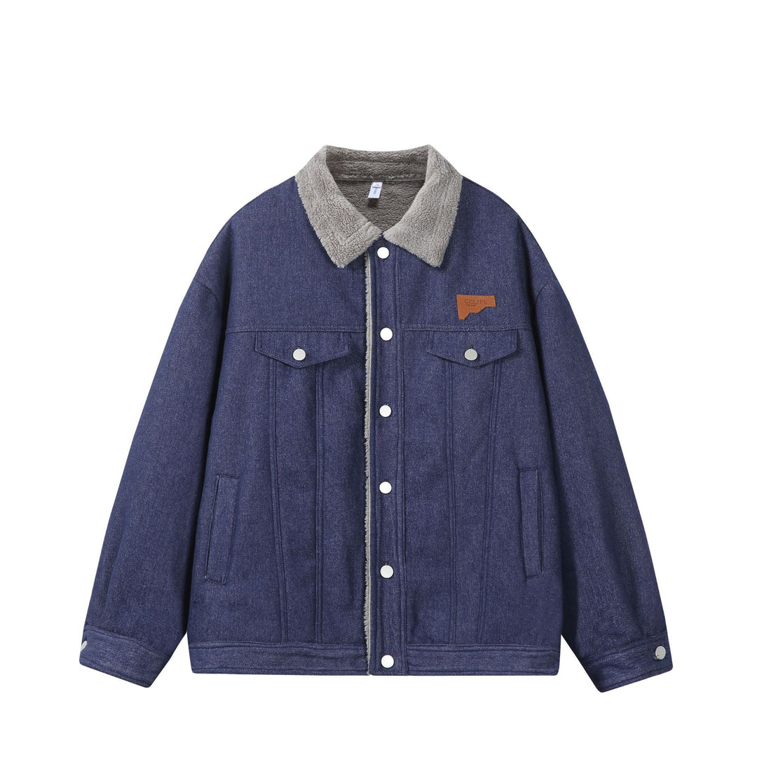 Men's Lined Denim Jacket with Teddy Collar, Snap Front and Utility Pockets Mune Fashion