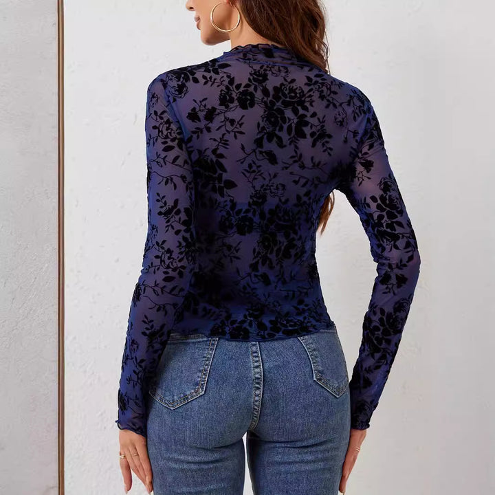Women's nan transparent mesh top with velvety floral print and stand collar Mune Fashion