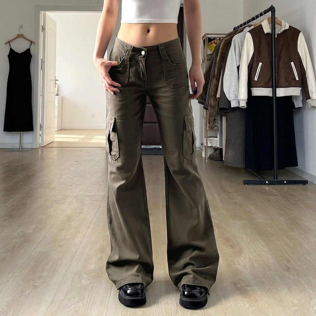 Women's Cargo Flares with High Waist, Flap Pockets and Wide Leg Mune Fashion