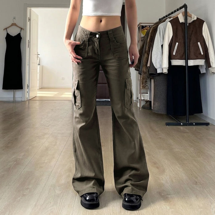 Women's Cargo Flares with High Waist, Flap Pockets and Wide Leg Mune Fashion