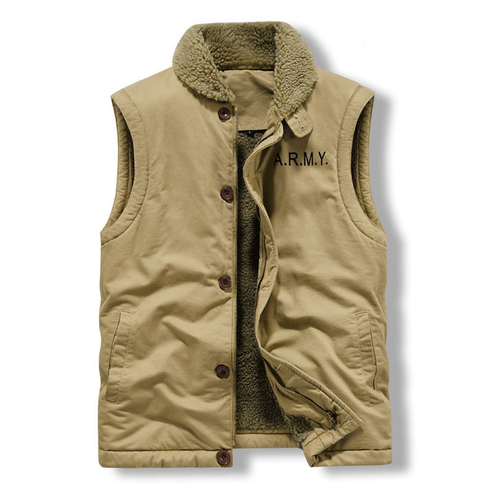 Men's Sleeveless Thermal Vest in Military Style with Teddy Lining and Stand-Up Collar Mune Fashion