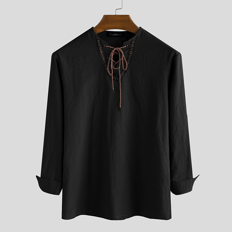 Men's linen tunic shirt with lacing and ethnic border Mune Fashion