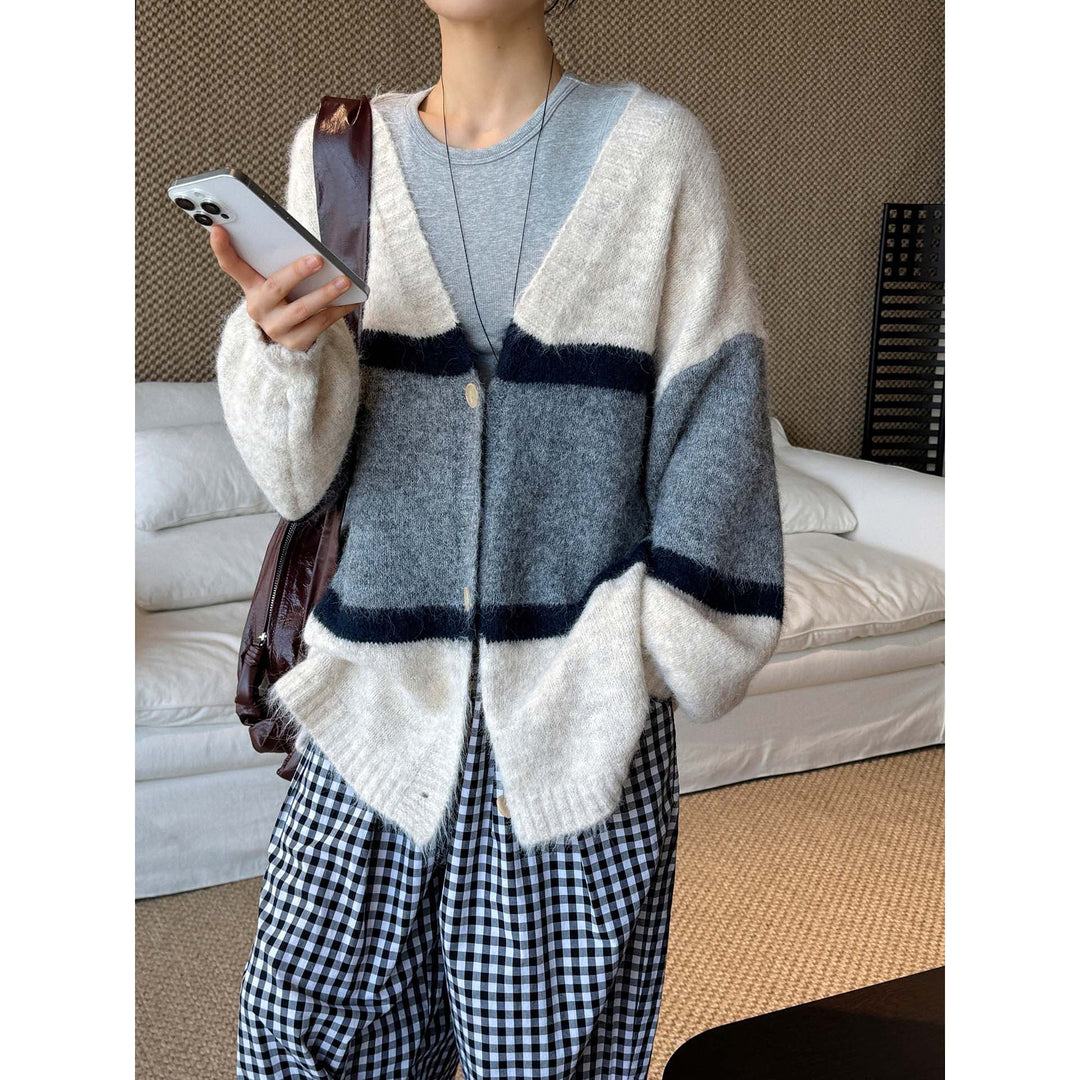 Women's Soft Oversized Knit Cardigan with V-Neck, Block Stripes and Button Placket Mune Fashion
