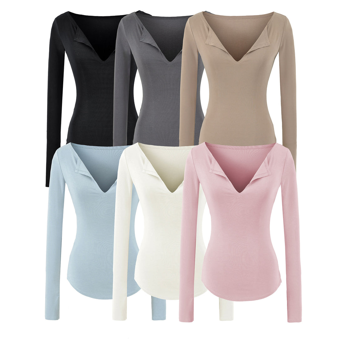 Women's fitted ribbed knit long sleeve with deep V-neck and collar trim Mune Fashion