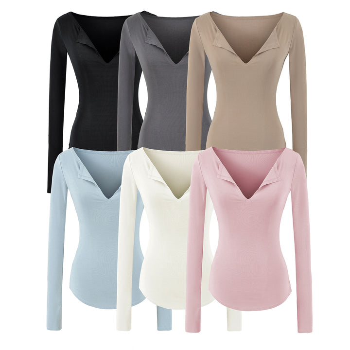 Women's fitted ribbed knit long sleeve with deep V-neck and collar trim Mune Fashion