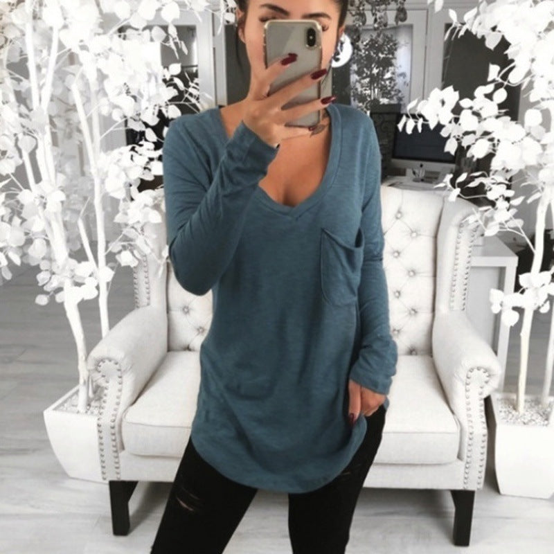 Women's Casual Oversize Tunic with V-Neck, Chest Pocket and Extended Hem Mune Fashion