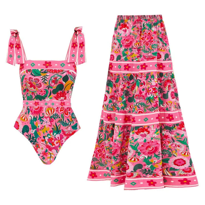 Women Floral Motif Swimsuit with Playful Strap Design Mune Fashion