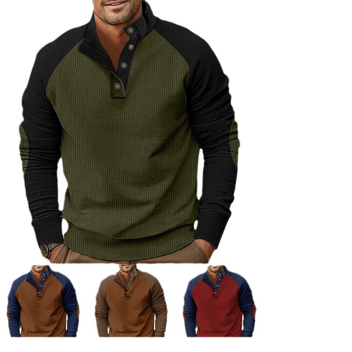 Men's Warmer Waffle Texture Henley Pullover with Contrast Raglan Sleeves & Stand Collar Mune Fashion