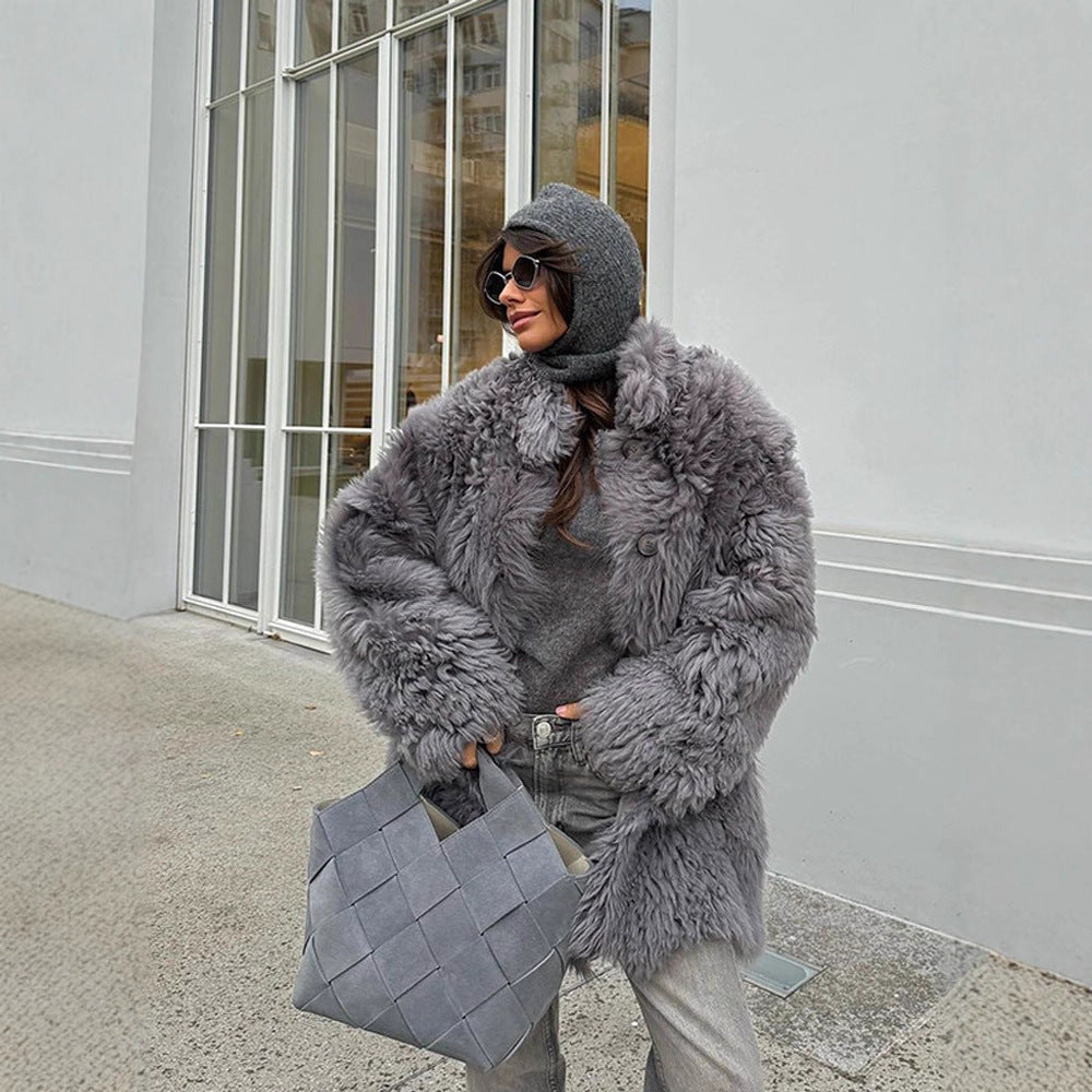 Women's Short Oversize Faux Fur Coat with Voluminous Curly Texture and Button Closure Mune Fashion