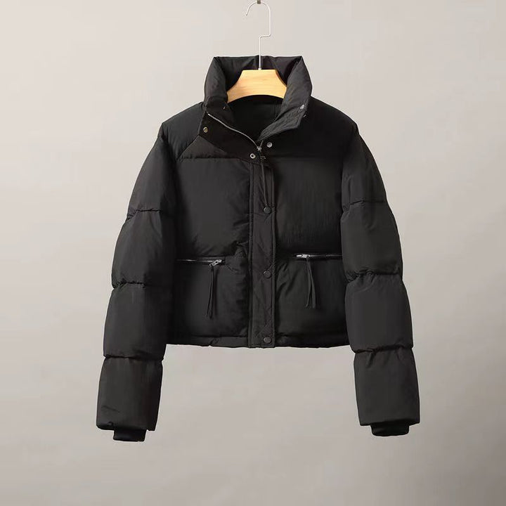Women's Nan Cropped Puffer Jacket with High Stand-Up Collar, Concealed Front Placket, and Integrated Zip Pockets Mune Fashion