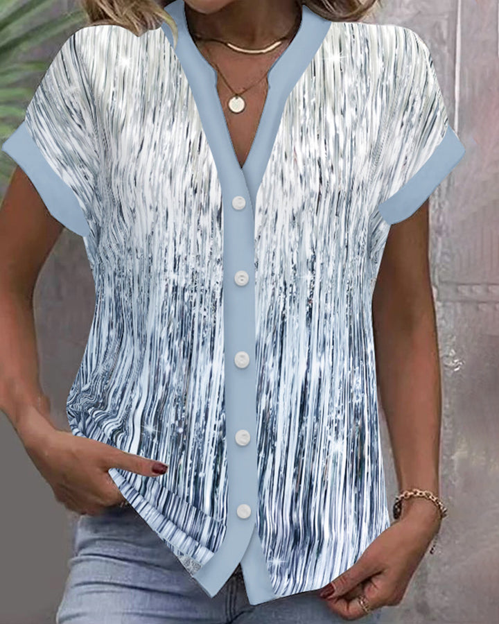 Women's short sleeve blouse with vertical brushstroke print, contrasting button placket and loose hem Mune Fashion
