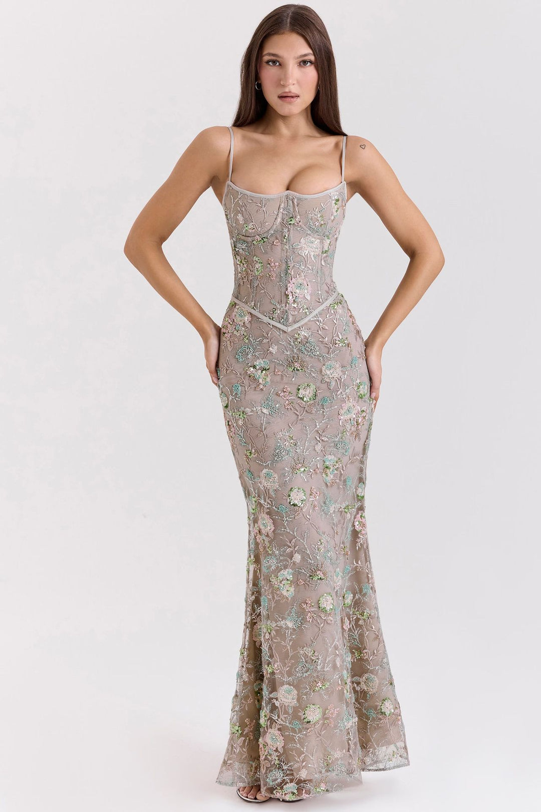 Ladies elegant embroidered evening dress with corset top and transparent lace overlay Mune Fashion