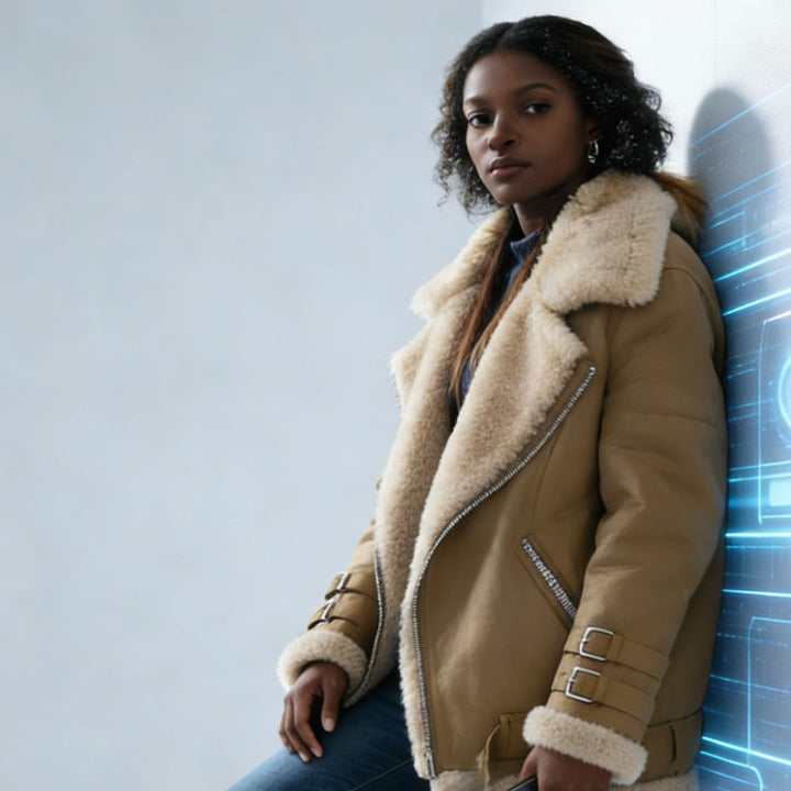 Women's short jacket in pilot style with contrasting fur collar and adjustable buckles Mune Fashion