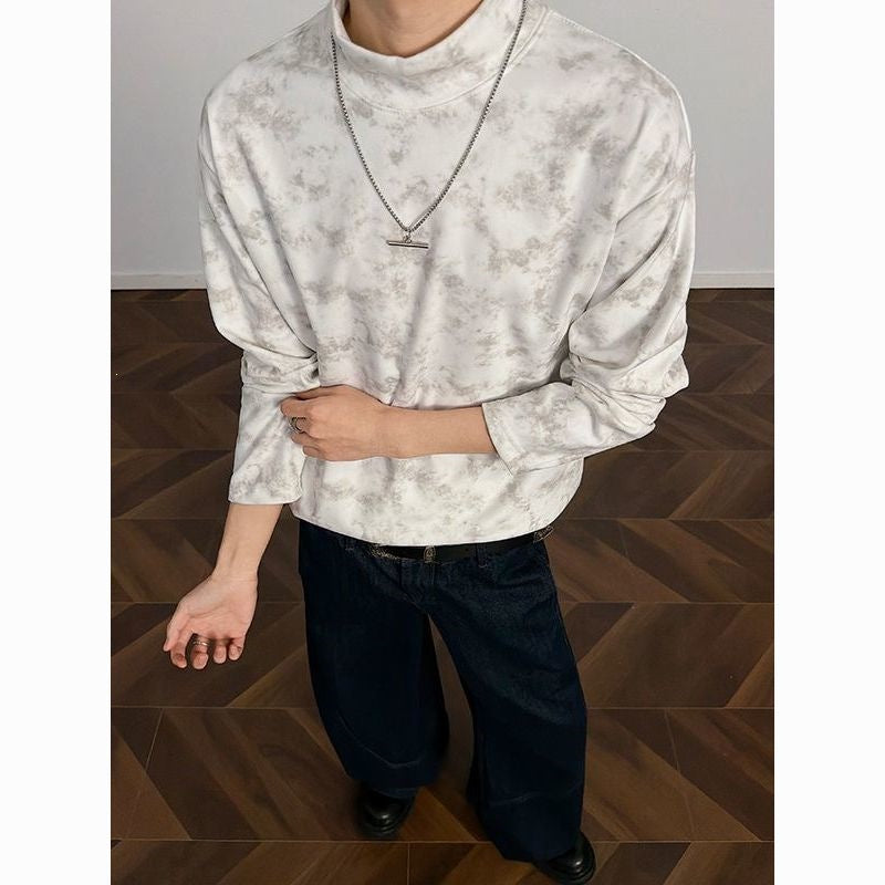 Men's Loose Stand Collar Sweatshirt with Subtle Marble Print Mune Fashion