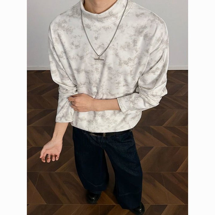 Men's Loose Stand Collar Sweatshirt with Subtle Marble Print Mune Fashion