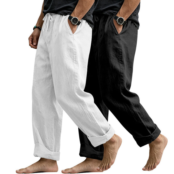 Men's Wide Comfort Casual Pants Made of Linen Blend with Drawstring, Side Pockets and Cuffed Mune Fashion