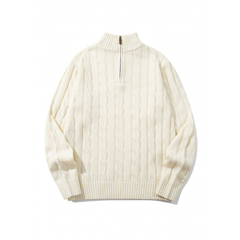 Unisex Coarse Knitted Half-Zip Cable Pattern Sweater with Stand-Up Collar and Ribbed Edges Mune Fashion