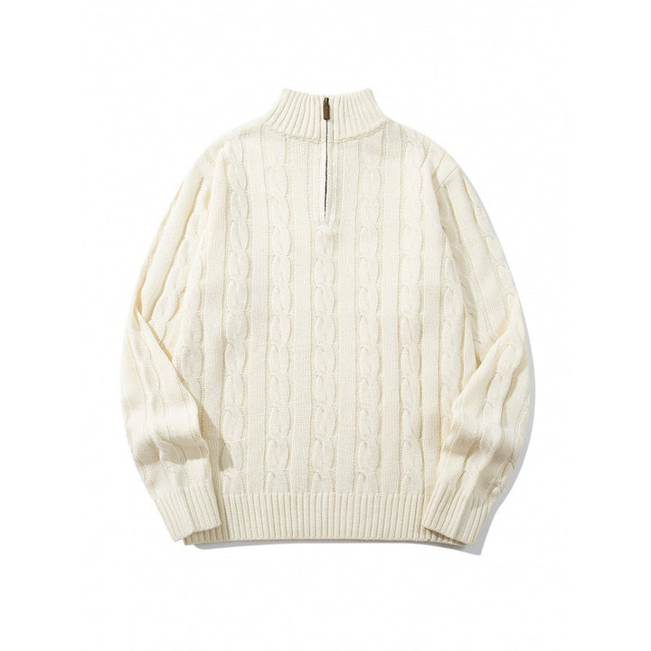 Unisex Coarse Knitted Half-Zip Cable Pattern Sweater with Stand-Up Collar and Ribbed Edges Mune Fashion