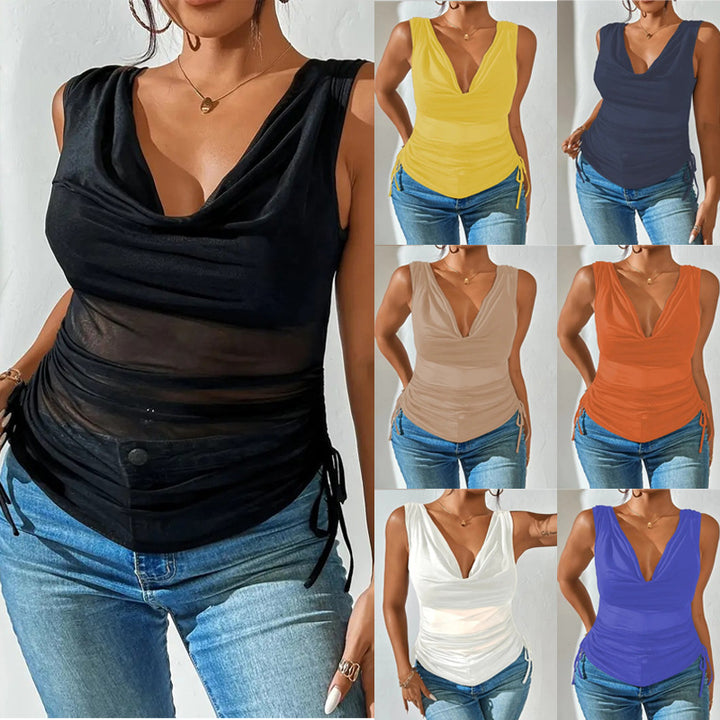 Women Sleeveless Draped V-Neck Top with Side Tuck Mune Fashion