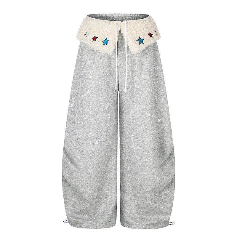 Women's Extra Wide Palazzo Jogging Pants with Teddy Waistband, Drawstring, and Star Embroidery Mune Fashion