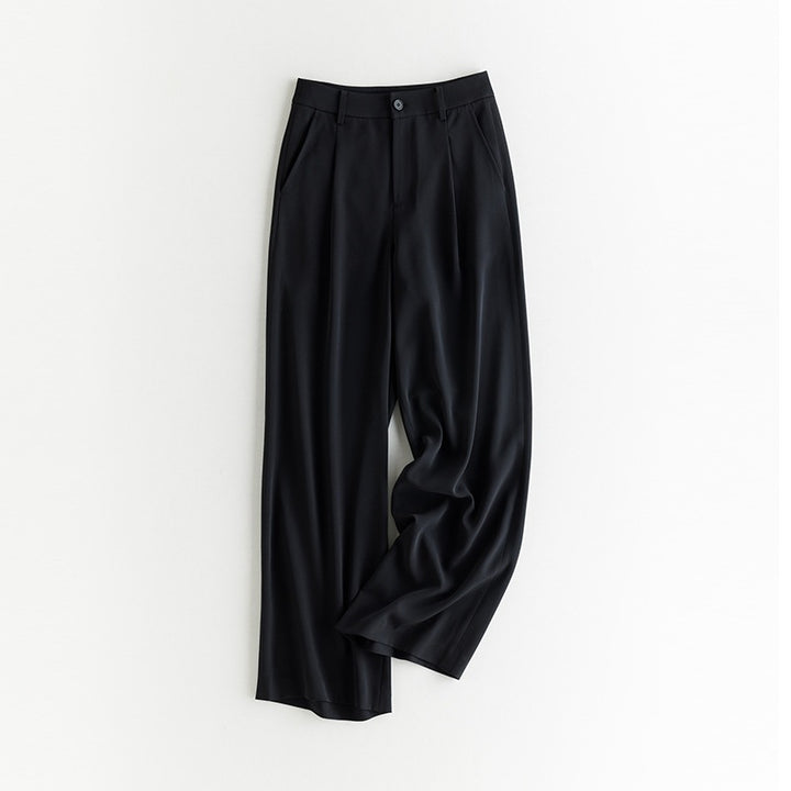 Women Wide High-Waisted Satin Pants with Pleats and Side Pockets Mune Fashion