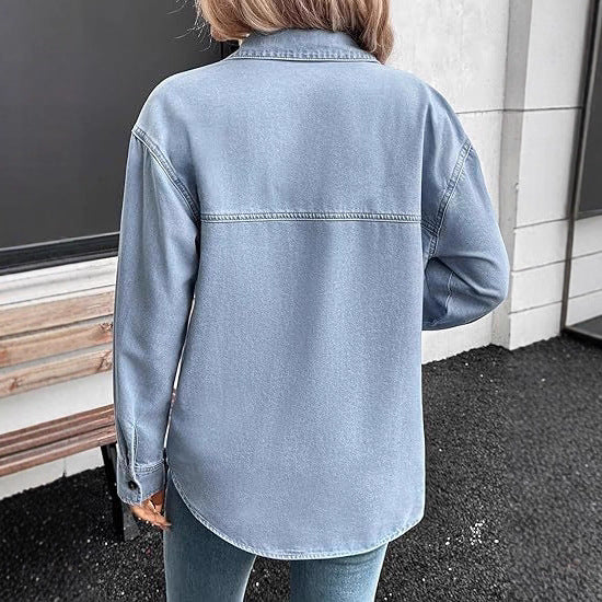 Women's Oversized Denim Shirt Jacket with Chest Pockets Mune Fashion