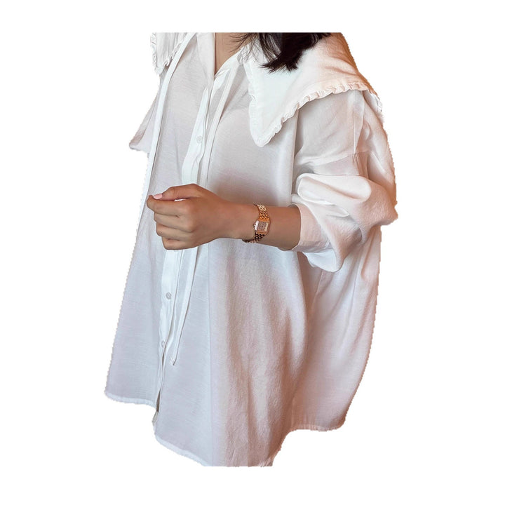 Women Oversized Shirt Blouse with Large Ruffled Collar and Roll-Up Sleeves Mune Fashion