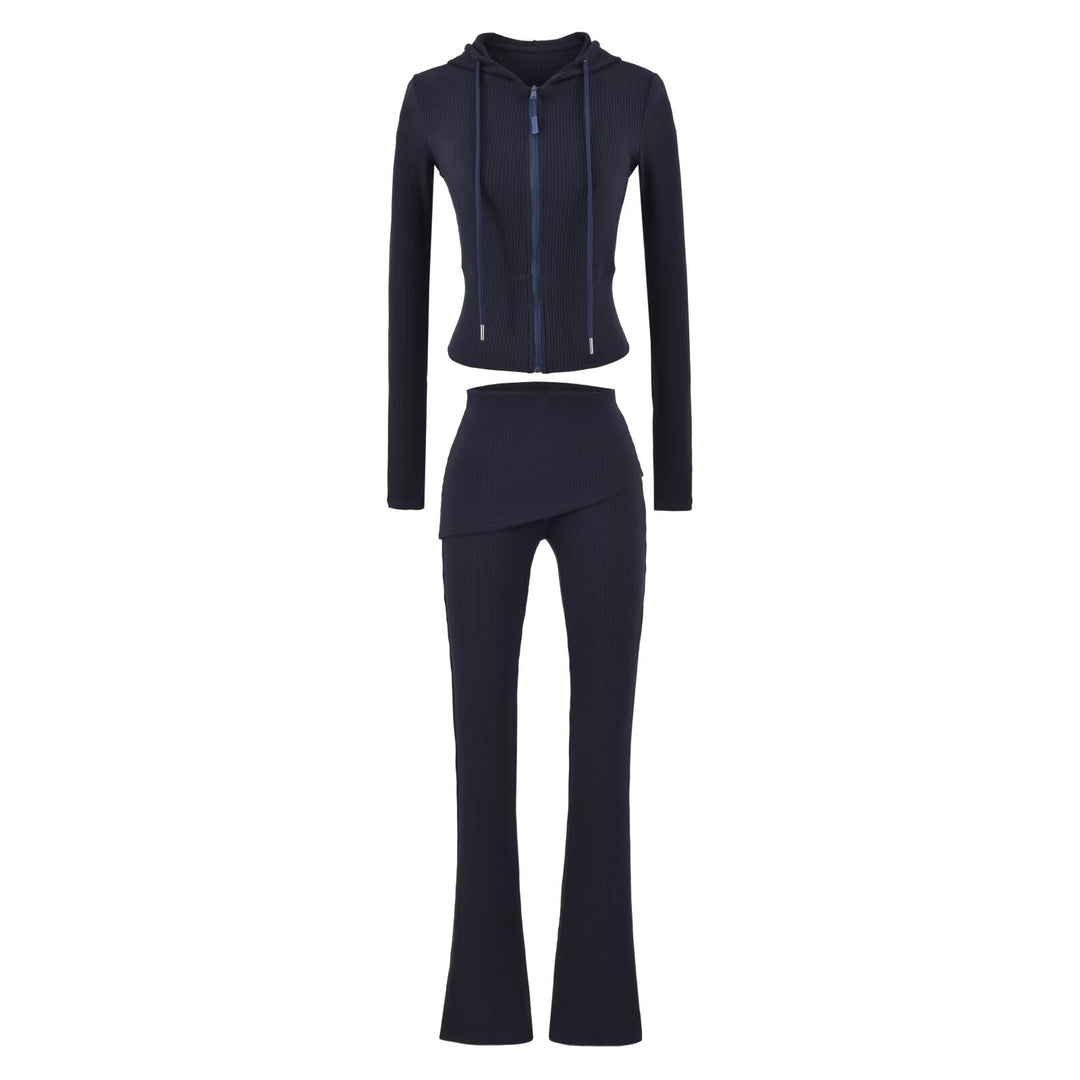 Women's Ribbed Lounge Set with Hooded Jacket and Wrap Waist Pants Mune Fashion