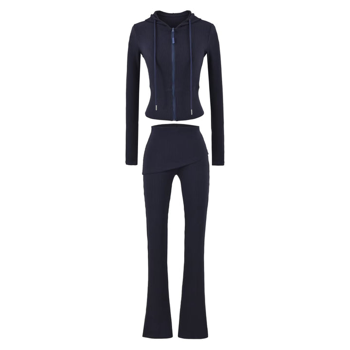 Women's Ribbed Lounge Set with Hooded Jacket and Wrap Waist Pants Mune Fashion