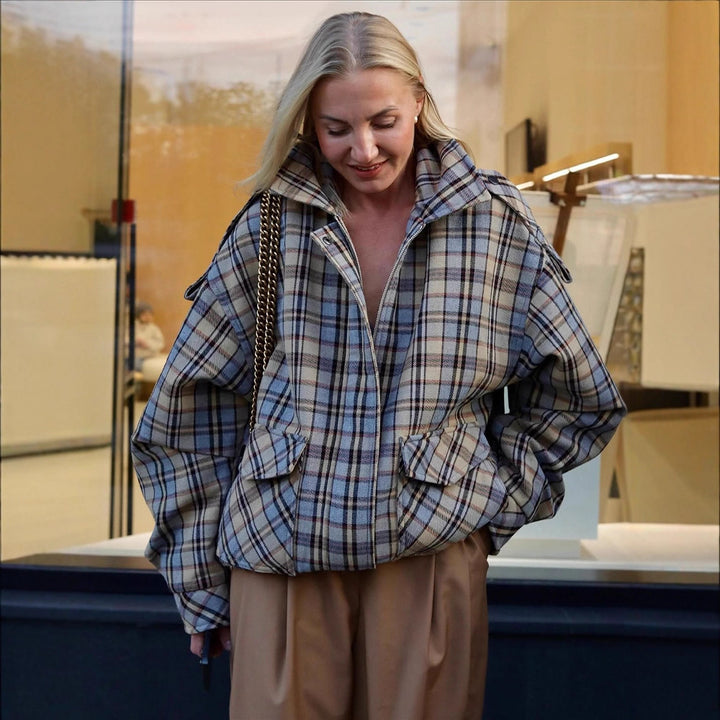 Women’s Oversized Check Coat in Boxy Cut with Zipper and Shoulder Flaps Mune Fashion