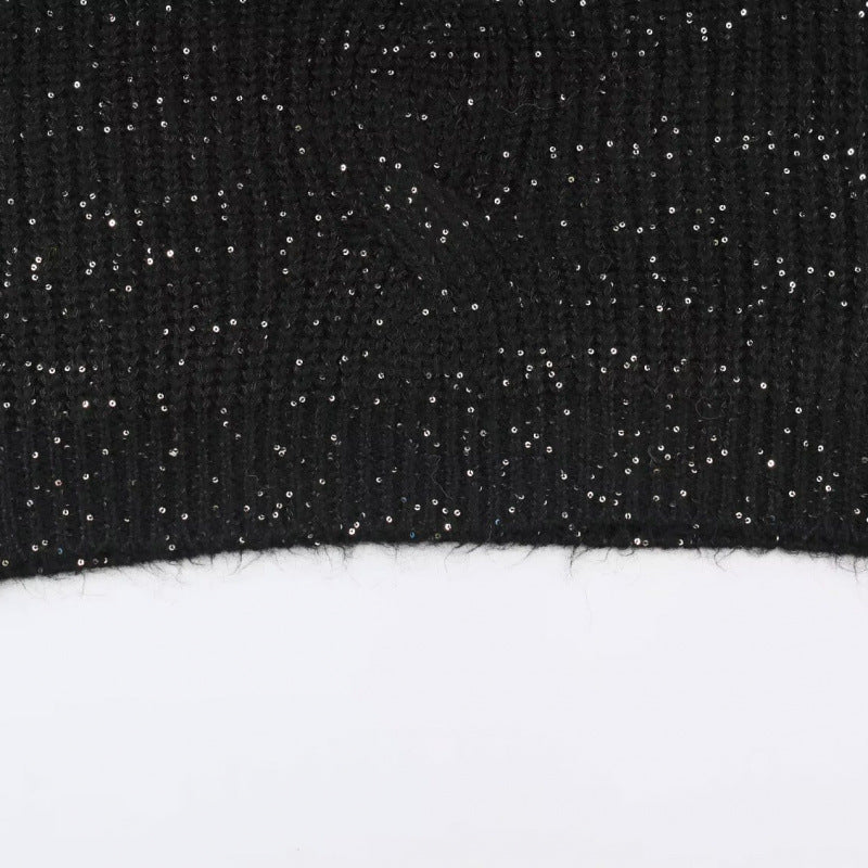 Women's Glittering Oversized Knit Sweater with Lapel Collar and Sequin Trim Mune Fashion