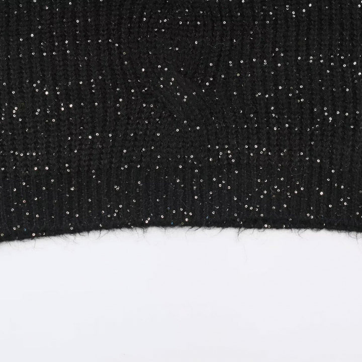 Women's Glittering Oversized Knit Sweater with Lapel Collar and Sequin Trim Mune Fashion
