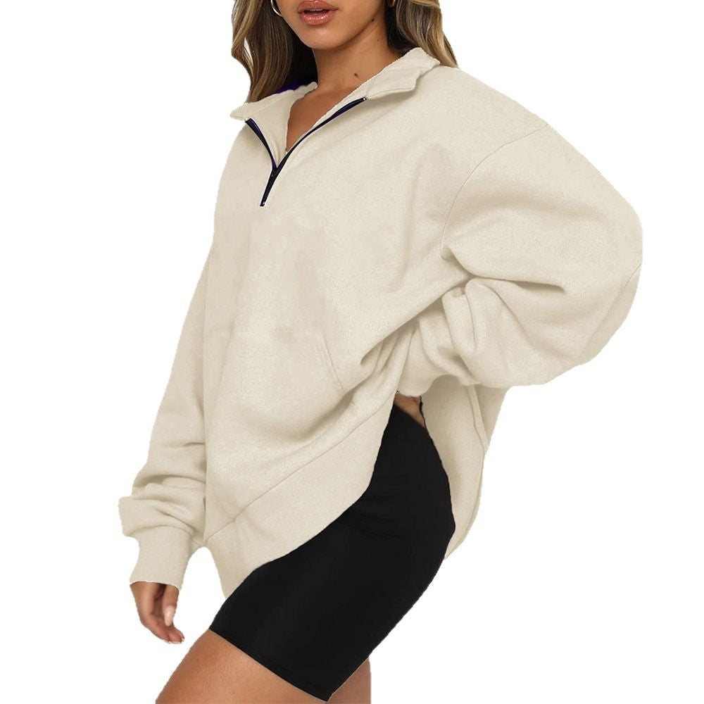 Women nan Oversize-Halfzip-Hoodie with kangaroo pocket and extended hem Mune Fashion