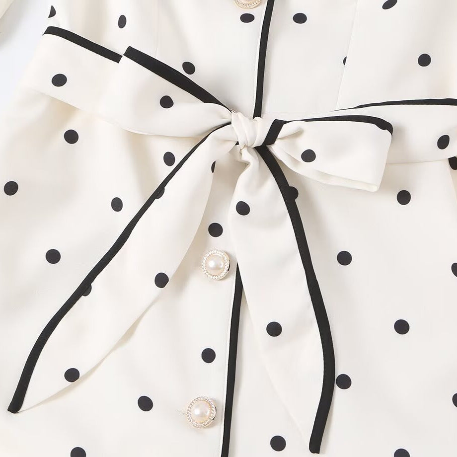 Women's midi shirt dress with polka dots, contrast piping, and waist belt Mune Fashion