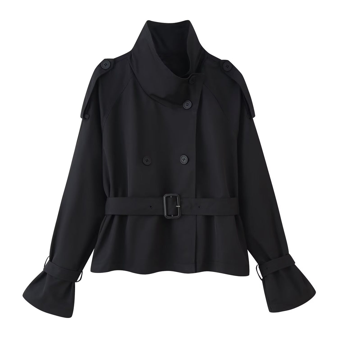 Ladies short cut double-breasted trench coat with wide shawl collar, tailored belt and adjustable sleeve straps Mune Fashion