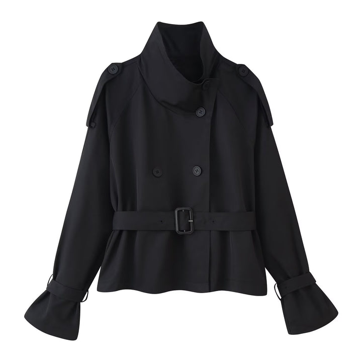 Ladies short cut double-breasted trench coat with wide shawl collar, tailored belt and adjustable sleeve straps Mune Fashion