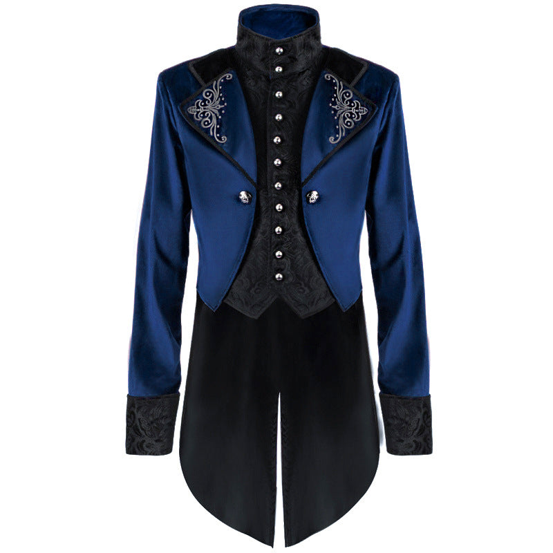 Men's slightly tailored tailcoat with embroidered stand-up collar, velvet trim, and double swallowtail.