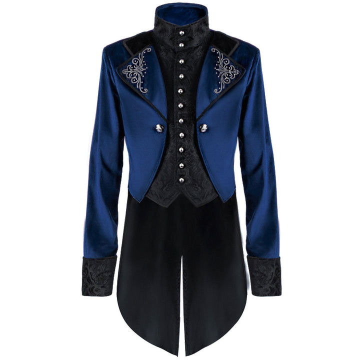 Men's slightly tailored tailcoat with embroidered stand-up collar, velvet trim, and double swallowtail.