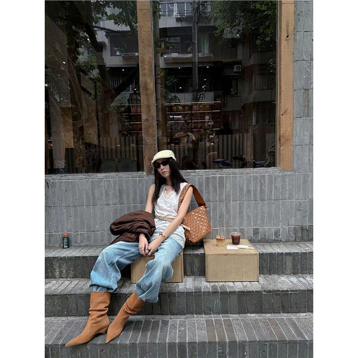 Women’s Slip-On Velour Boots with Decorative Stitching, V-Cuff and Sculpted Kitten Heel Mune Fashion
