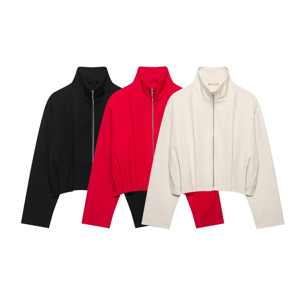 Women's Cropped Boxy Jacket with High Stand Collar and Continuous Zipper Mune Fashion