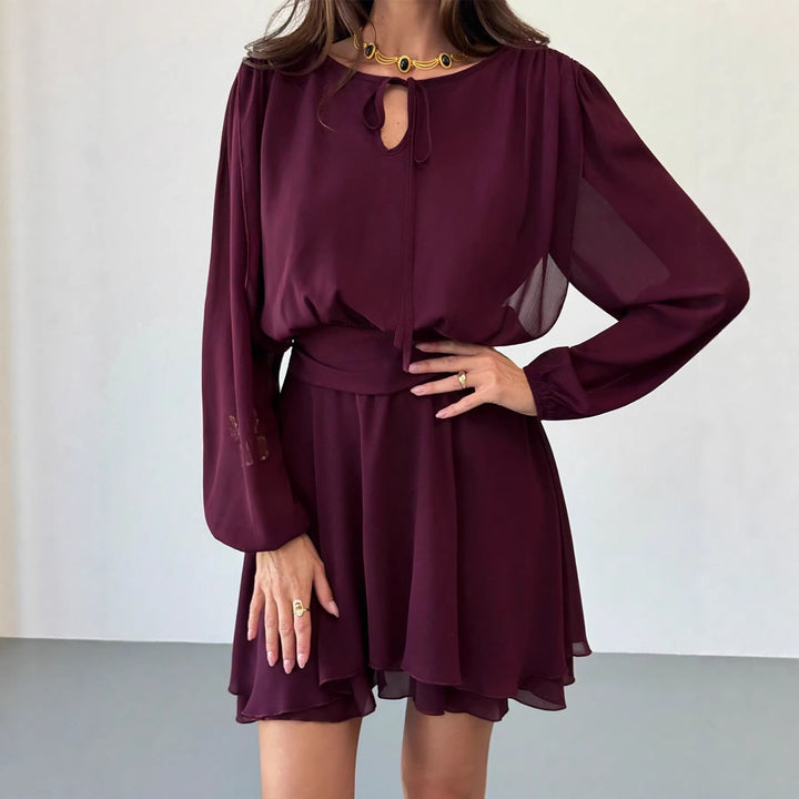 Women's Elegant flowing chiffon dress with gathered waist yoke, long balloon sleeves and tie collar Mune Fashion