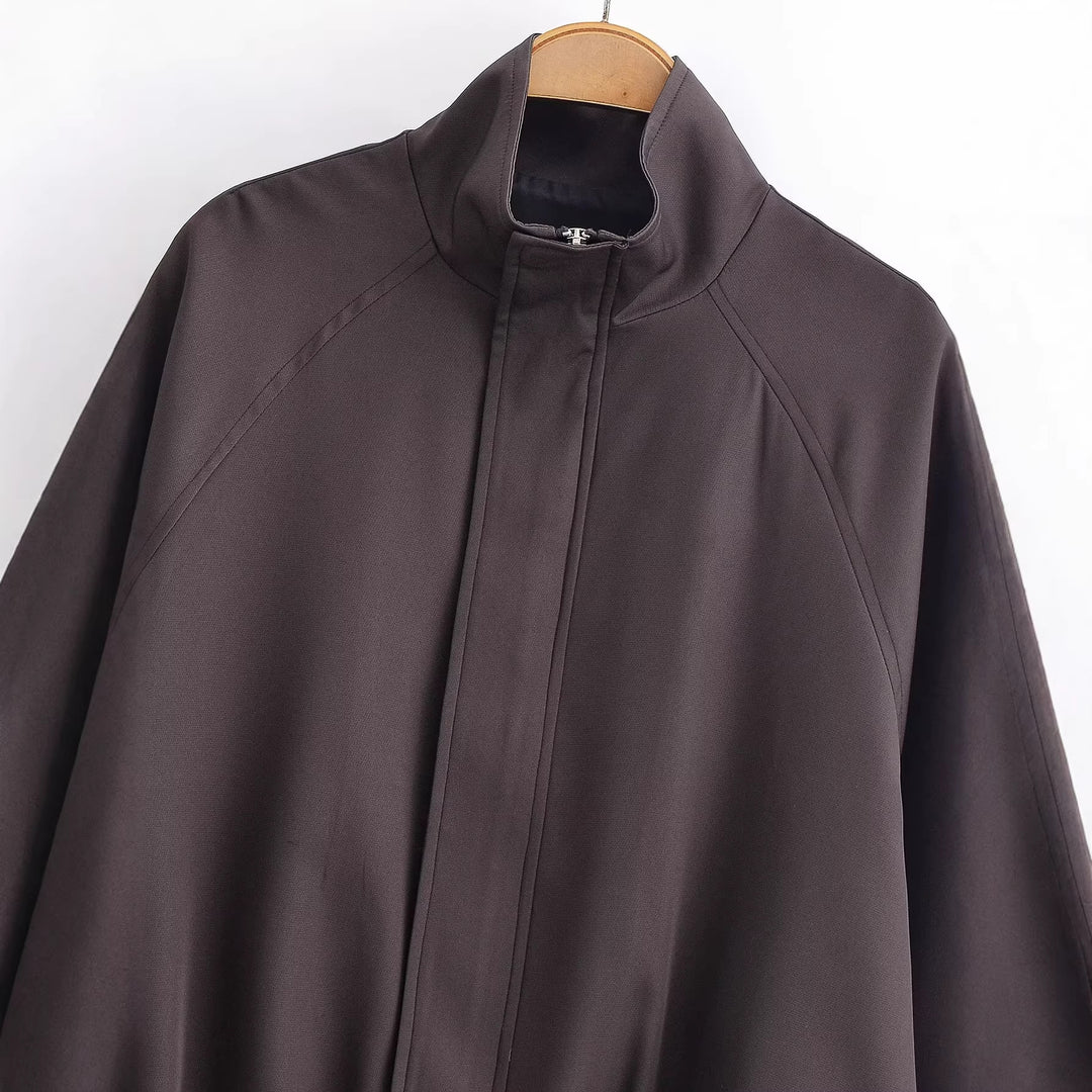 Women's Lightweight Oversized Bomber Jacket with Stand-up Collar, Raglan Sleeves, and Elastic Hem Mune Fashion