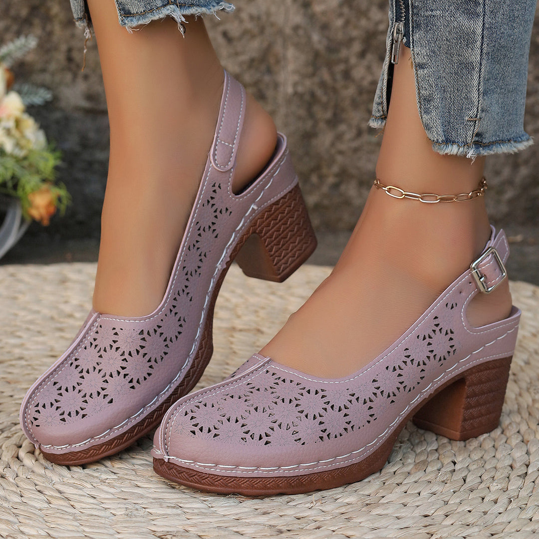 Women's elegant slingback pumps with floral laser cut, padded comfort insole and stable block heel Mune Fashion