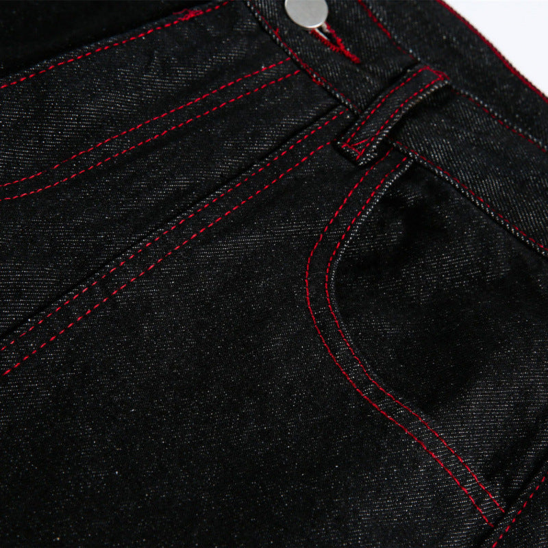 Women Wide High-Waist Denim Pants in Utility Look with Contrast Stitching Mune Fashion