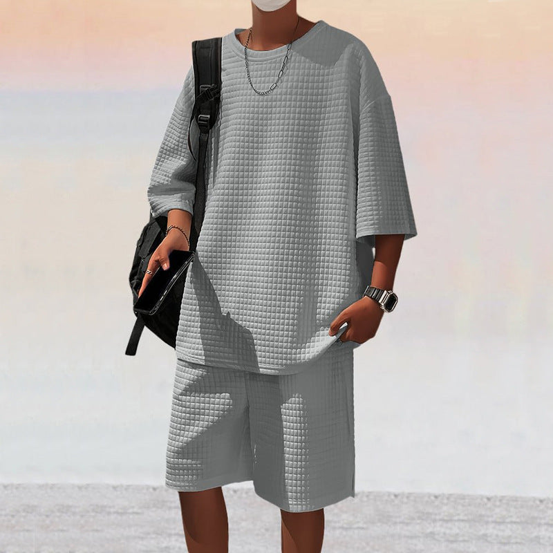 Men's square structure leisure set with oversized round neck shirt and knee-length relax shorts Mune Fashion