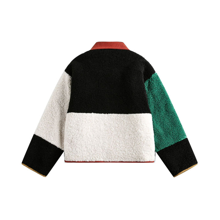 Unisex Boxy Patchwork Sherpa-Fleece Jacket with Cord Collar and Patch Pockets Mune Fashion
