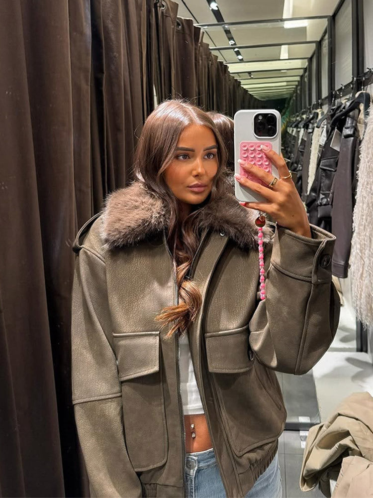 Women's pilot jacket made of suede imitation with removable faux fur collar and patch flap pockets Mune Fashion