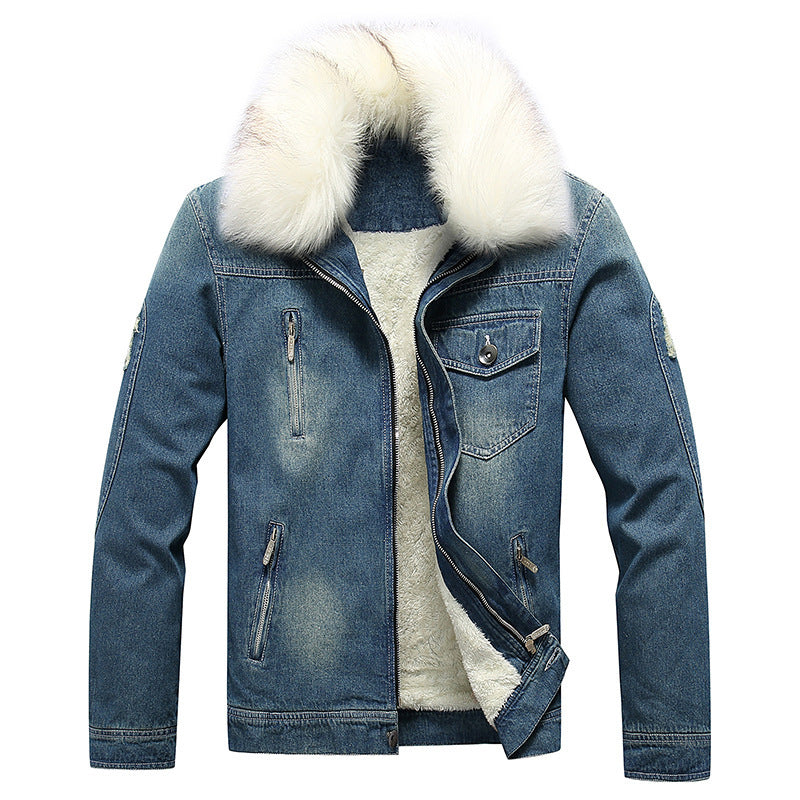 Men's denim thermal jacket with fleece lining and removable faux fur collar Mune Fashion