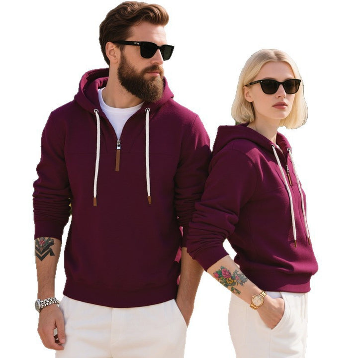 Men's nan minimalist soft fleece half-zip hoodie with leather zipper and drawstring Mune Fashion
