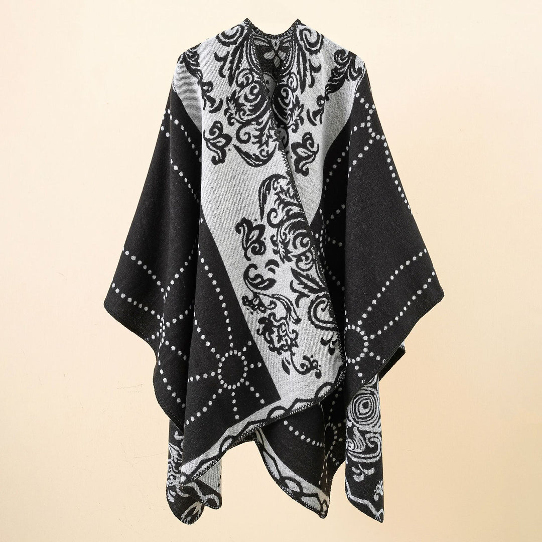 Women's Jacquard Ruana in cape style with contrasting chain hem Mune Fashion